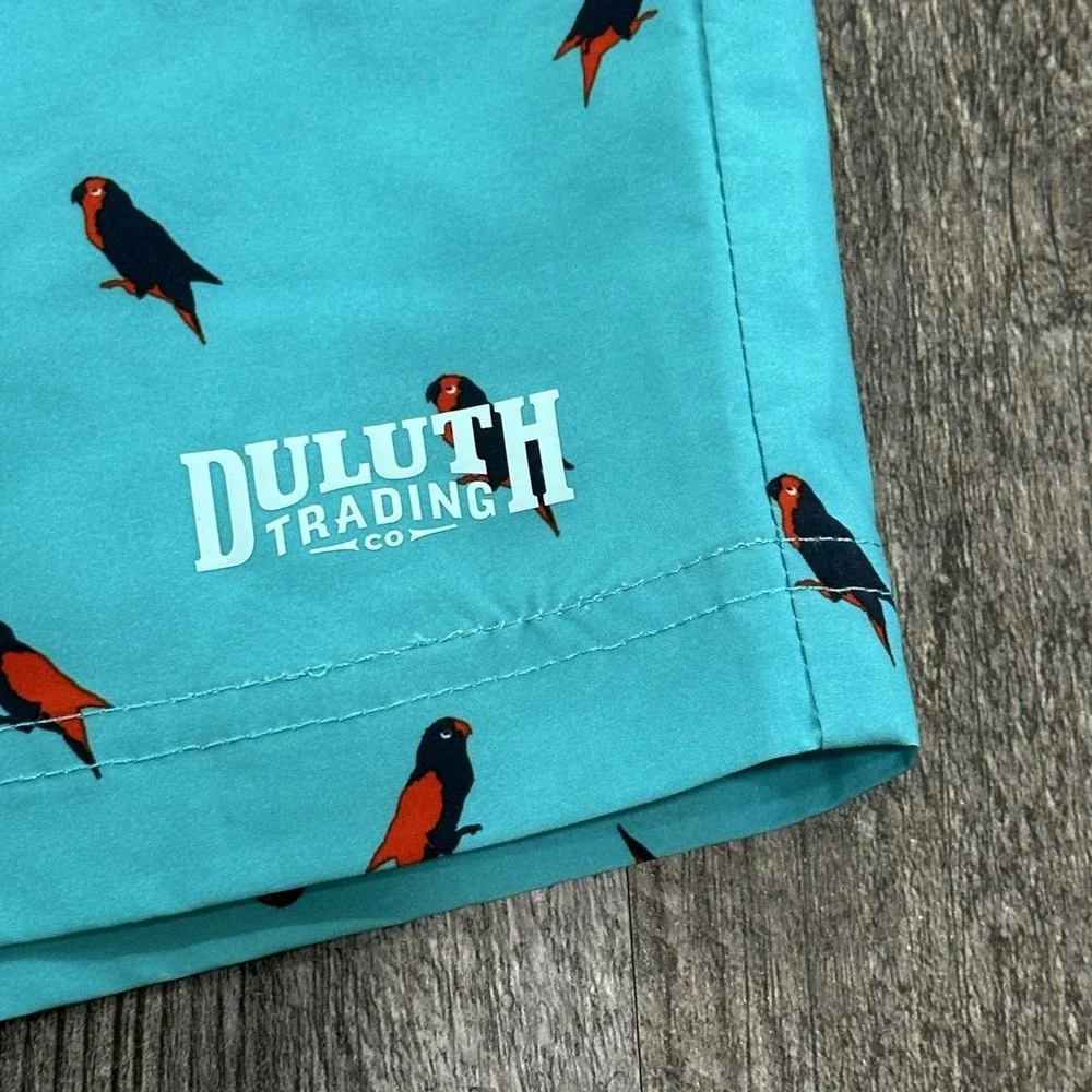 NWT‎ Duluth Trading Company Mens Board Shorts Sz 48 Blue Drawstring Parrot Print